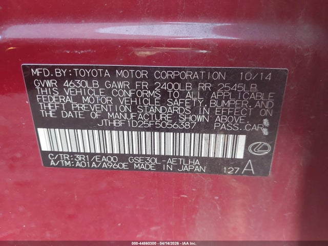 Продажа на аукционе авто 2015 Lexus Is 250, vin: JTHBF1D25F5056387, номер лота: 44860300
