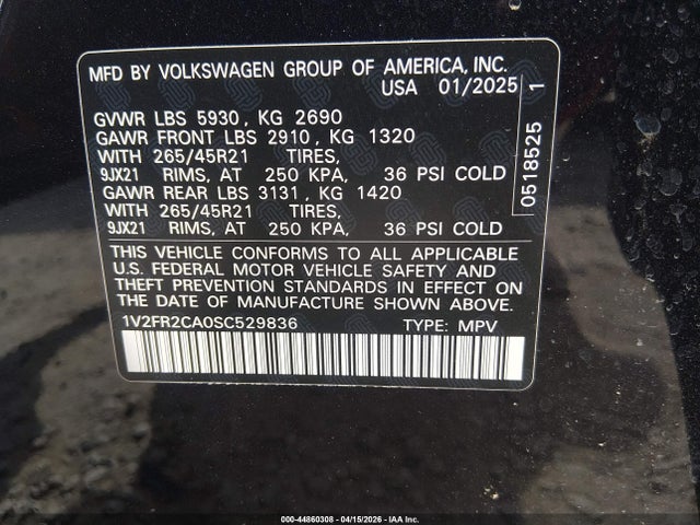 Продаж на аукціоні авто 2025 Volkswagen Atlas 2.0t Sel Premium R-line, vin: 1V2FR2CA0SC529836, номер лоту: 44860308