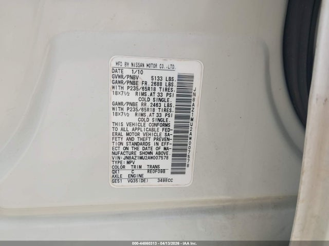 Продажа на аукционе авто 2010 Nissan Murano Sl, vin: JN8AZ1MU2AW007578, номер лота: 44860313