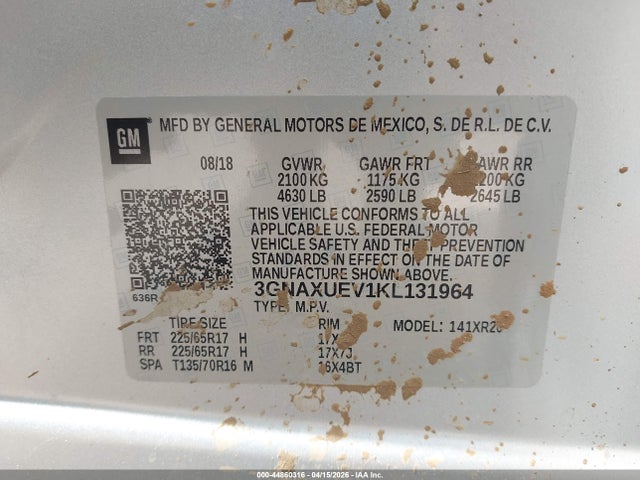 Aukcja sprzedaży 2019 Chevrolet Equinox Lt, vin: 3GNAXUEV1KL131964, numer aukcji: 44860316