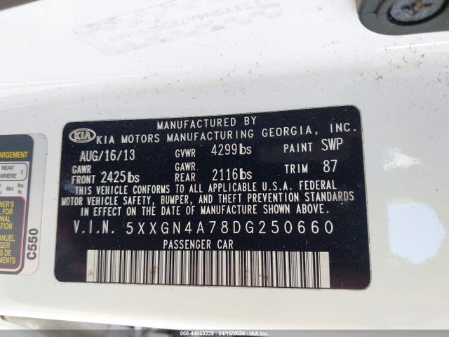 Продажа на аукционе авто 2013 Kia Optima Ex, vin: 5XXGN4A78DG250660, номер лота: 44860329