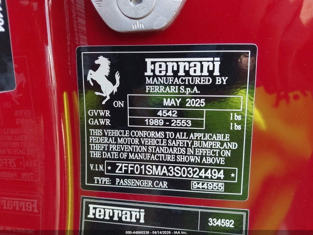 2025 Ferrari 296 Gts მანქანა იყიდება აუქციონზე, vin: ZFF01SMA3S0324494, აუქციონის ნომერი: 44860336