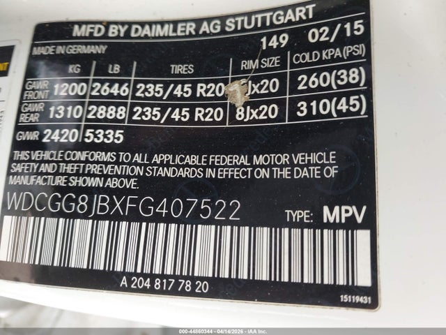 44860344 :رقم المزاد ، WDCGG8JBXFG407522 vin ، 2015 Mercedes-benz Glk 350 4matic مزاد بيع