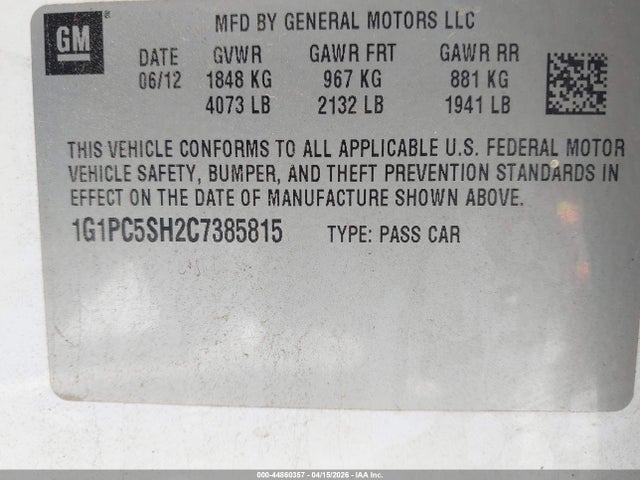 Продаж на аукціоні авто 2012 Chevrolet Cruze Ls, vin: 1G1PC5SH2C7385815, номер лоту: 44860357