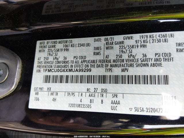 44860358 :رقم المزاد ، 1FMCU0G6XMUA99299 vin ، 2021 Ford Escape Se مزاد بيع