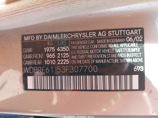 44860401 :رقم المزاد ، WDBRF61J53F307700 vin ، 2003 Mercedes-benz C 240 مزاد بيع