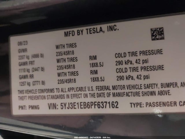 2023 Tesla Model 3 Long Range Dual Motor All-wheel Drive მანქანა იყიდება აუქციონზე, vin: 5YJ3E1EB6PF637162, აუქციონის ნომერი: 44860402