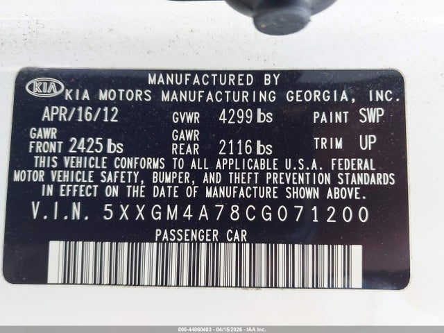 Продажа на аукционе авто 2012 Kia Optima Lx, vin: 5XXGM4A78CG071200, номер лота: 44860403