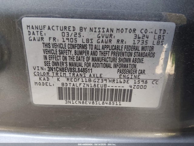 2025 Nissan Versa 1.6 Sv მანქანა იყიდება აუქციონზე, vin: 3N1CN8EV8SL848511, აუქციონის ნომერი: 44860404