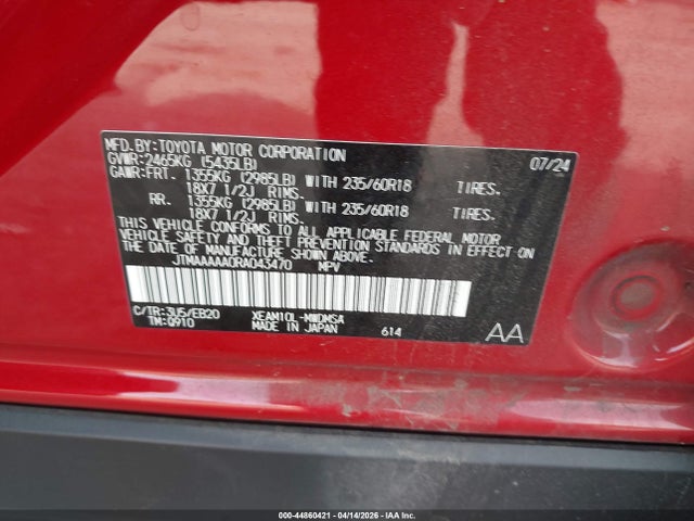 44860421 :رقم المزاد ، JTMAAAAA0RA043470 vin ، 2024 Toyota Bz4x Xle مزاد بيع