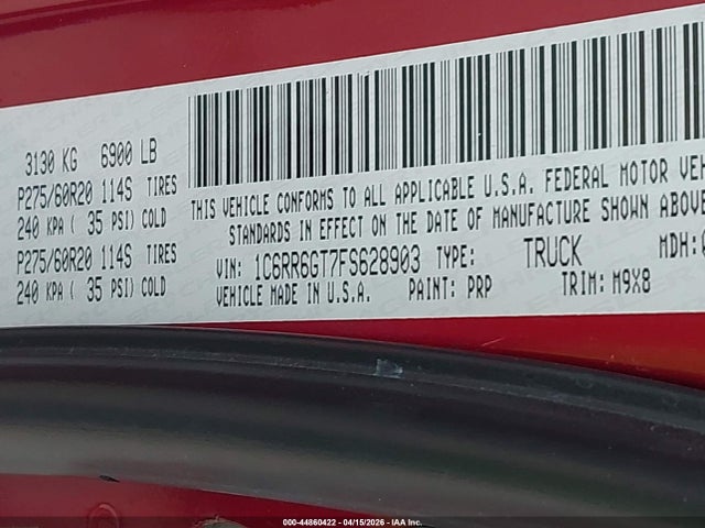 2015 Ram 1500 Big Horn მანქანა იყიდება აუქციონზე, vin: 1C6RR6GT7FS628903, აუქციონის ნომერი: 44860422