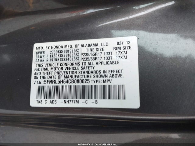 Aukcja sprzedaży 2012 Honda Odyssey Ex-l, vin: 5FNRL5H64CB080025, numer aukcji: 44860430