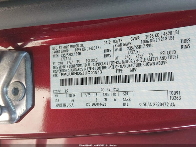Продажа на аукционе авто 2018 Ford Escape Sel, vin: 1FMCU0HD5JUC01813, номер лота: 44860431