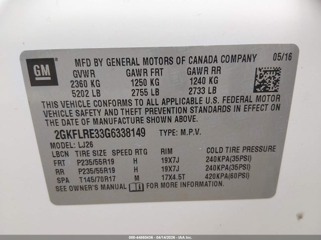 Aukcja sprzedaży 2016 Gmc Terrain Denali, vin: 2GKFLRE33G6338149, numer aukcji: 44860436