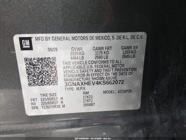 44860439 :رقم المزاد ، 3GNAXHEV4KS662072 vin ، 2019 Chevrolet Equinox Ls مزاد بيع