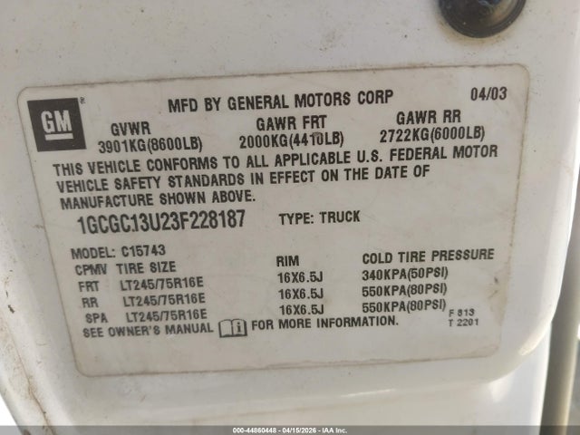 Aukcja sprzedaży 2003 Chevrolet Silverado 1500hd Ls, vin: 1GCGC13U23F228187, numer aukcji: 44860448