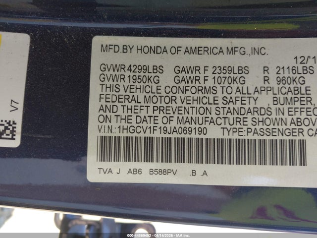 Продажа на аукционе авто 2018 Honda Accord Lx, vin: 1HGCV1F19JA069190, номер лота: 44860452