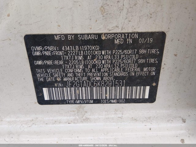 Продаж на аукціоні авто 2019 Subaru Crosstrek 2.0i Premium, vin: JF2GTADC6K8291531, номер лоту: 44860455
