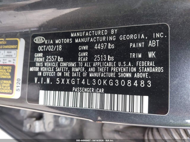 44860457 :رقم المزاد ، 5XXGT4L30KG308483 vin ، 2019 Kia Optima Lx مزاد بيع