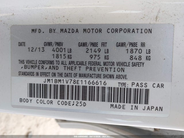 44860465 :رقم المزاد ، JM1BM1V78E1166616 vin ، 2014 Mazda Mazda3 I Touring مزاد بيع