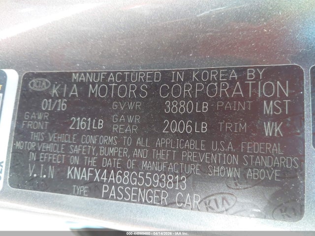 2016 Kia Forte Lx მანქანა იყიდება აუქციონზე, vin: KNAFX4A68G5593813, აუქციონის ნომერი: 44860480