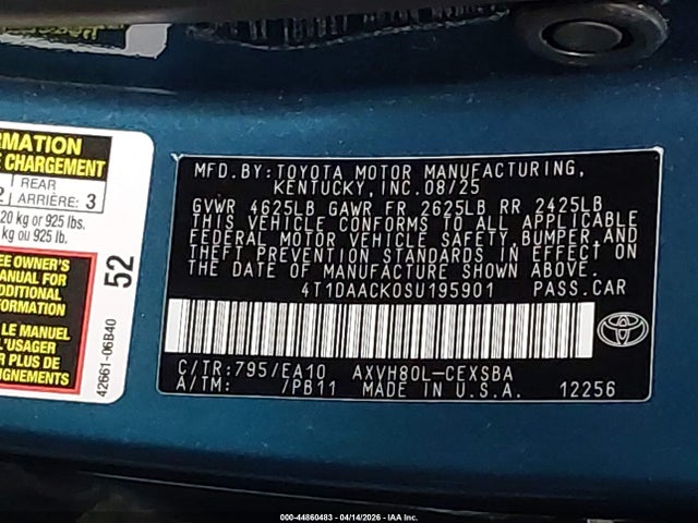 44860483 :رقم المزاد ، 4T1DAACK0SU195901 vin ، 2025 Toyota Camry Se مزاد بيع