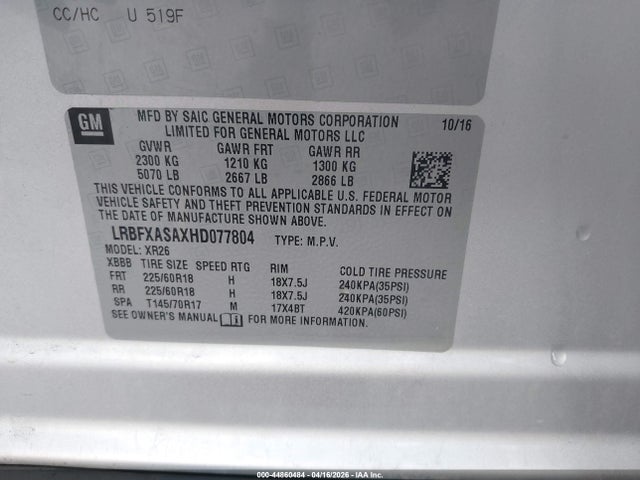 Продаж на аукціоні авто 2017 Buick Envision Preferred, vin: LRBFXASAXHD077804, номер лоту: 44860484