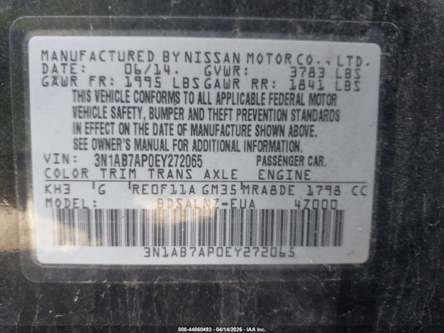 Aukcja sprzedaży 2014 Nissan Sentra Fe+ Sv, vin: 3N1AB7AP0EY272065, numer aukcji: 44860493