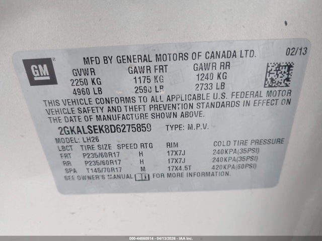 Aukcja sprzedaży 2013 Gmc Terrain Sle-2, vin: 2GKALSEK8D6275859, numer aukcji: 44860514
