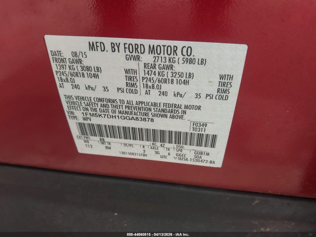 1FM5K7DH1GGA83878 Ford EXPLORER XLT
