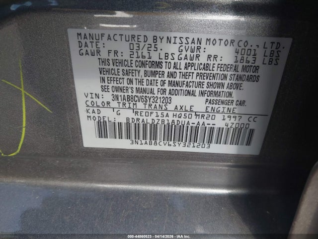 Продажа на аукционе авто 2025 Nissan Sentra Sv, vin: 3N1AB8CV6SY321203, номер лота: 44860523