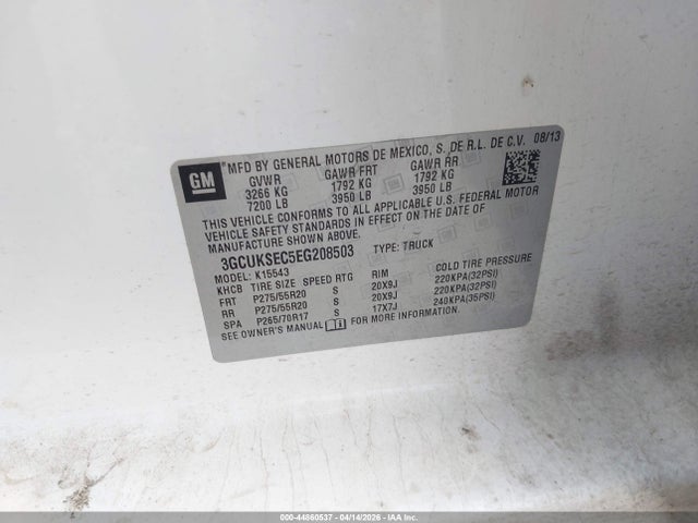 Продажа на аукционе авто 2014 Chevrolet Silverado 1500 2lz, vin: 3GCUKSEC5EG208503, номер лота: 44860537