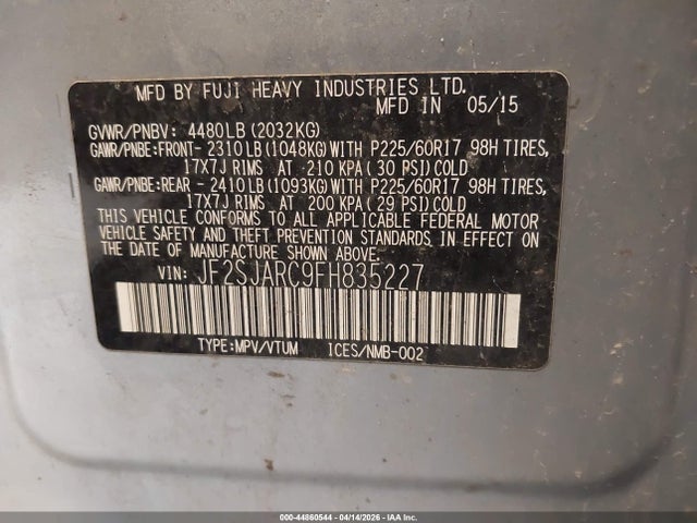 Aukcja sprzedaży 2015 Subaru Forester 2.5i Limited, vin: JF2SJARC9FH835227, numer aukcji: 44860544