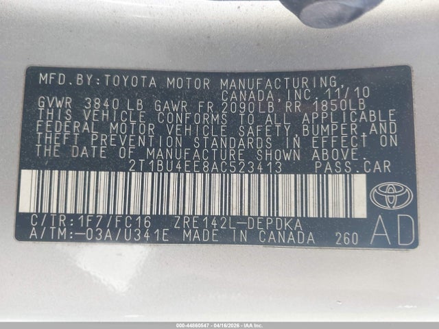 44860547 :رقم المزاد ، 2T1BU4EE8AC523413 vin ، 2010 Toyota Corolla Le مزاد بيع