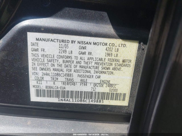 44860550 :رقم المزاد ، 1N4AL11D86C149885 vin ، 2006 Nissan Altima 2.5 S مزاد بيع