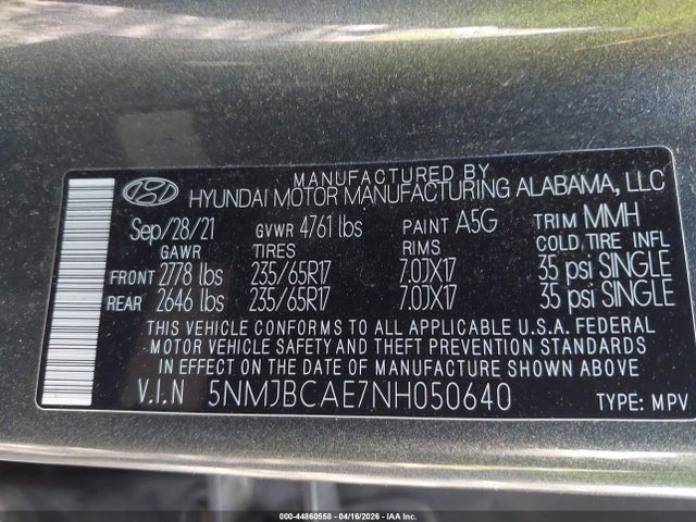 Продажа на аукционе авто 2022 Hyundai Tucson Sel, vin: 5NMJBCAE7NH050640, номер лота: 44860558