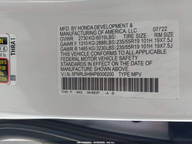 44860564 :رقم المزاد ، 5FNRL6H84PB006200 vin ، 2023 Honda Odyssey Touring مزاد بيع