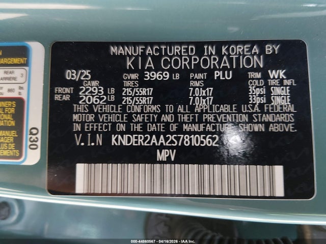 2025 Kia Seltos Ex მანქანა იყიდება აუქციონზე, vin: KNDER2AA2S7810562, აუქციონის ნომერი: 44860567