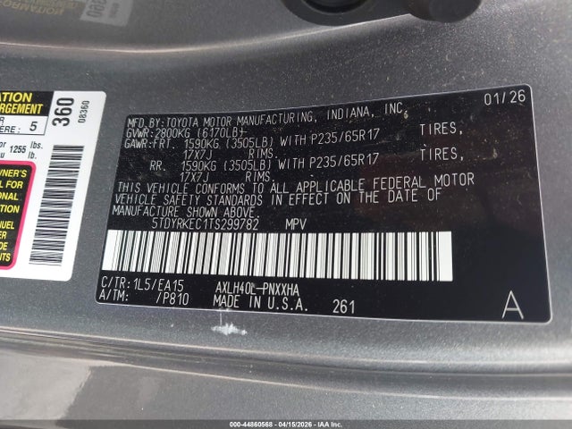 Продаж на аукціоні авто 2026 Toyota Sienna Xle, vin: 5TDYRKEC1TS299782, номер лоту: 44860568