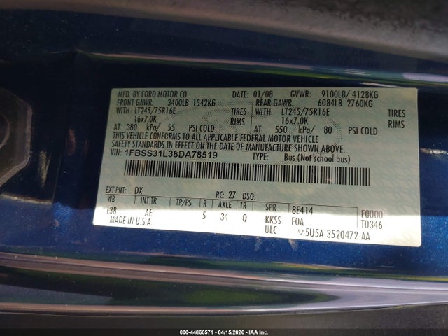 44860571 :رقم المزاد ، 1FBSS31L38DA78519 vin ، 2008 Ford E-350 Super Duty Xl/xlt مزاد بيع