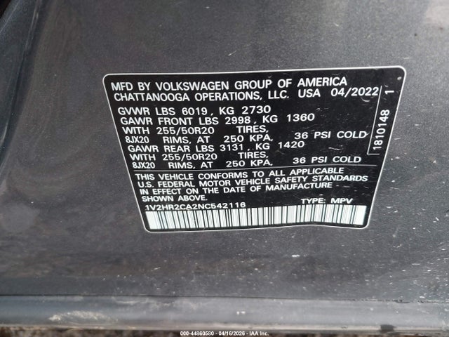 Продаж на аукціоні авто 2022 Volkswagen Atlas 3.6l V6 Se W/technology, vin: 1V2HR2CA2NC542116, номер лоту: 44860580