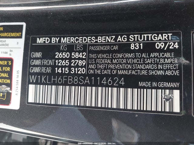 2025 Mercedes-benz E 450 4matic მანქანა იყიდება აუქციონზე, vin: W1KLH6FB8SA114624, აუქციონის ნომერი: 44860582