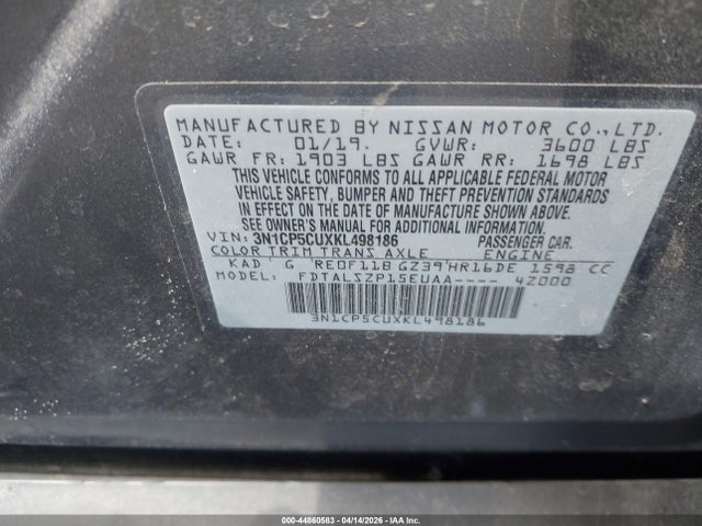Aukcja sprzedaży 2019 Nissan Kicks Sv, vin: 3N1CP5CUXKL498186, numer aukcji: 44860583