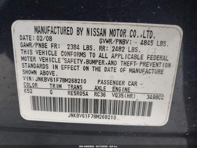 Продажа на аукционе авто 2008 Infiniti G35x, vin: JNKBV61F78M268210, номер лота: 44860588