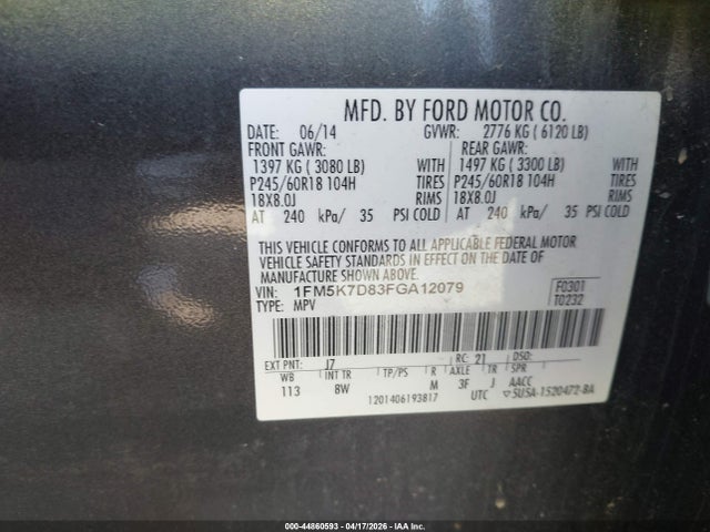 44860593 :رقم المزاد ، 1FM5K7D83FGA12079 vin ، 2015 Ford Explorer Xlt مزاد بيع