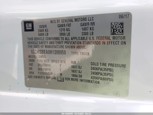 Продаж на аукціоні авто 2017 Chevrolet Colorado Wt, vin: 1GCHSBEA8H1288950, номер лоту: 44860596