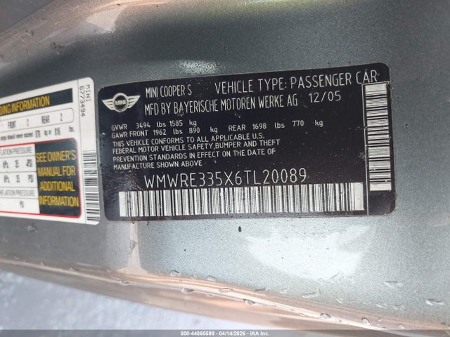 Aukcja sprzedaży 2006 Mini Cooper S, vin: WMWRE335X6TL20089, numer aukcji: 44860599