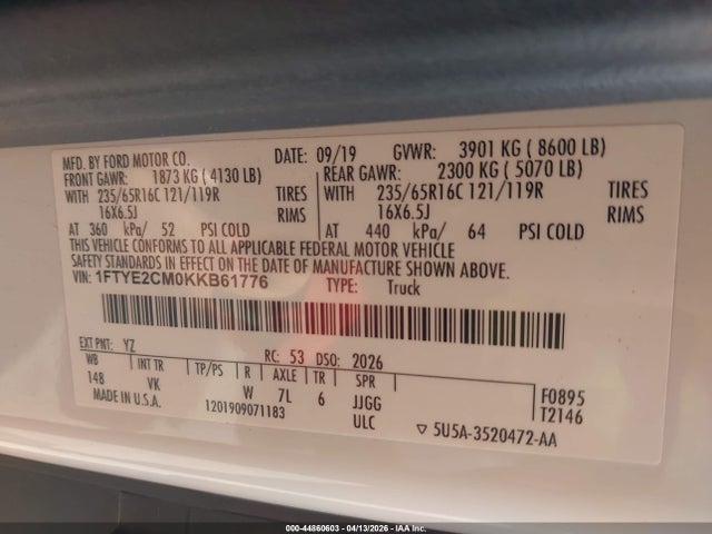 Продаж на аукціоні авто 2019 Ford Transit-150, vin: 1FTYE2CM0KKB61776, номер лоту: 44860603