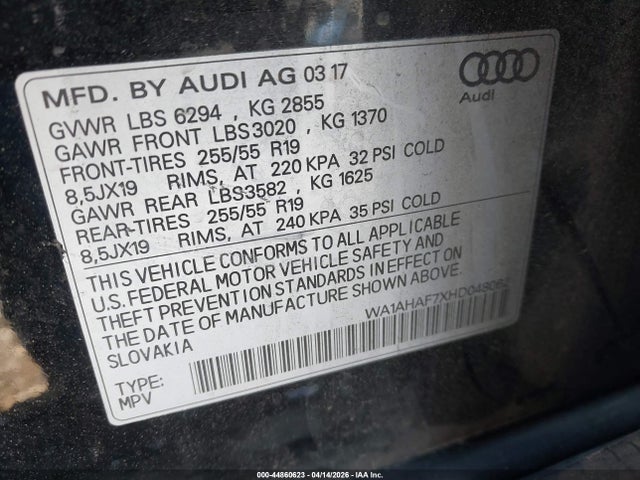 Продажа на аукционе авто 2017 Audi Q7 2.0t Premium, vin: WA1AHAF7XHD048062, номер лота: 44860623