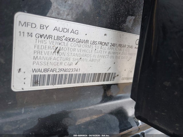 2015 Audi A4 2.0t Premium მანქანა იყიდება აუქციონზე, vin: WAUBFAFL2FN023741, აუქციონის ნომერი: 44860624